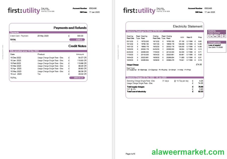 United Kingdom First gas and electricity utility bill in Word and PDF formats, 6 pages.